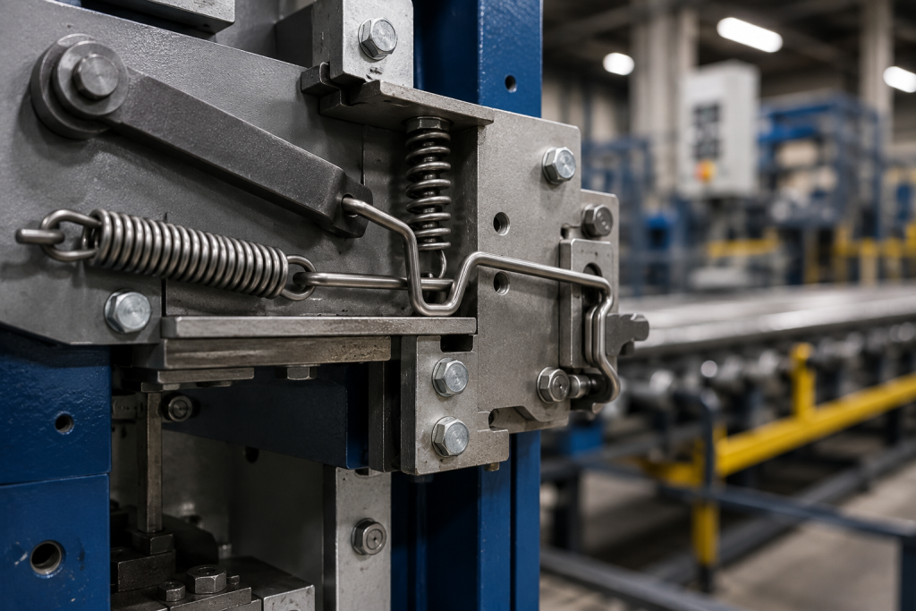 custom-springs | James Spring and Wire Close-up of a metal stamping press with springs and levers mounted on a blue frame in an industrial factory setting
