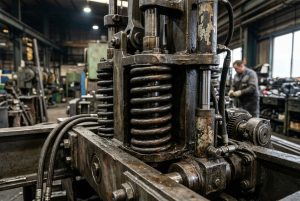 Close-up of a heavy metal press with coiled springs in a metal workshop; a worker is blurred in the background.
